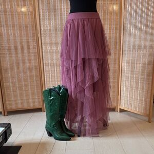 Three Bird Nest Layered Plum Tulle Maxi Skirt